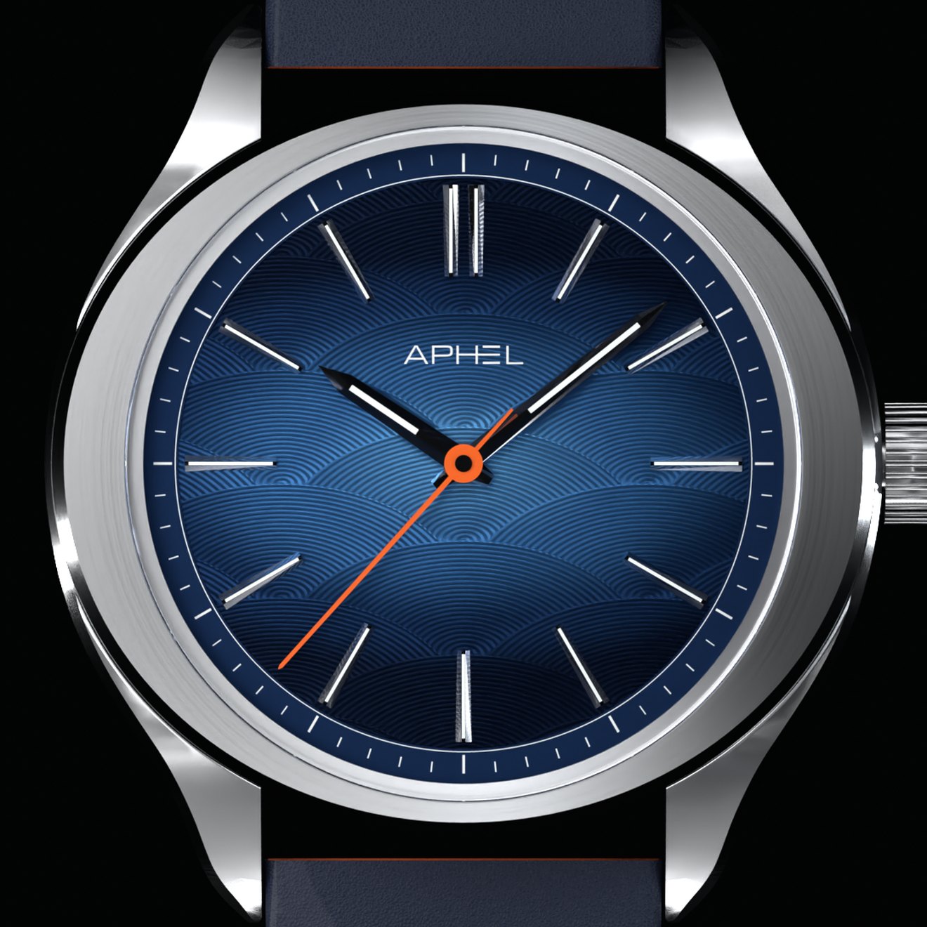 Close-up of the blue dial with elliptical scales: flange and minute track, applied indices, double index at 12 o'clock, orange seconds hand