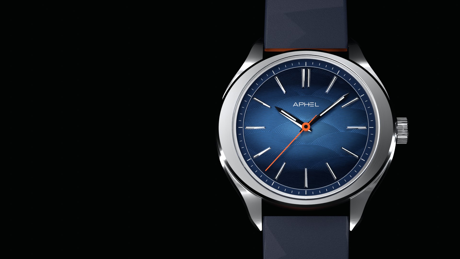 APHEL A01 Ellipse: steel case, blue dial with elliptical scales, orange seconds hand, midnight-blue leather strap