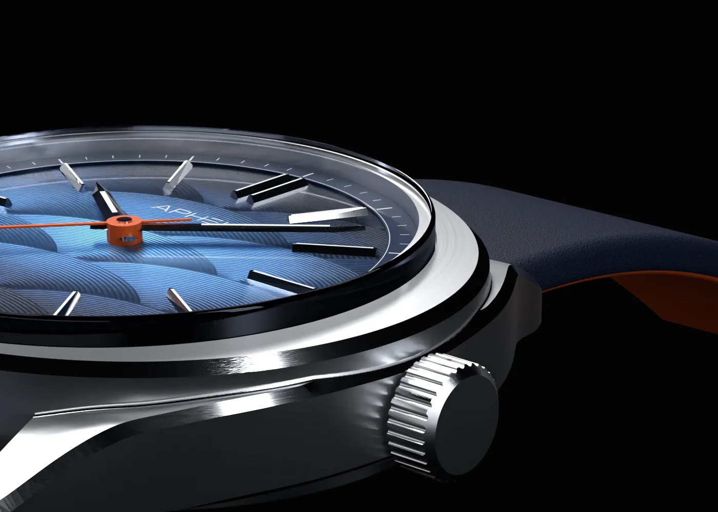 Profile of the case and the midnight-blue leather strap, its orange edge showing beneath the leather